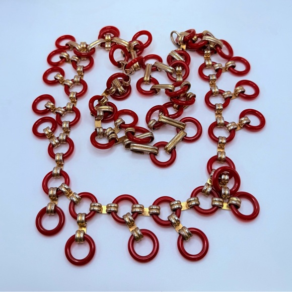 Vintage YSL YVES SAINT LAURENT Gold Tone Red Dangle Lucite Link Belt Necklace 36